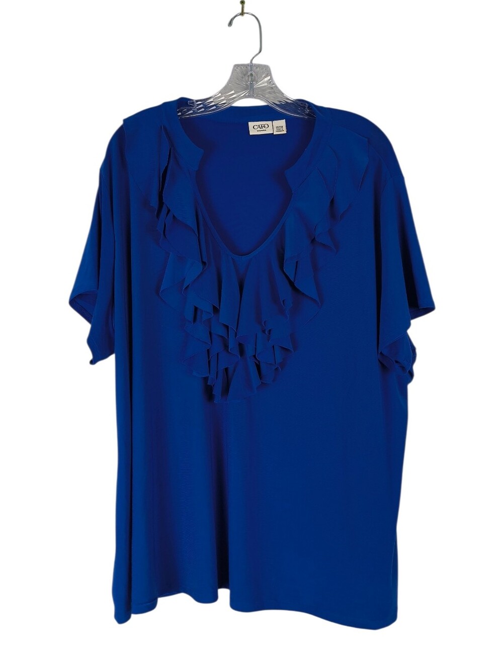 Cato Top Women's 26/28W Royal Blue Cascading Ruffle V Neck Short Sleeves Casual